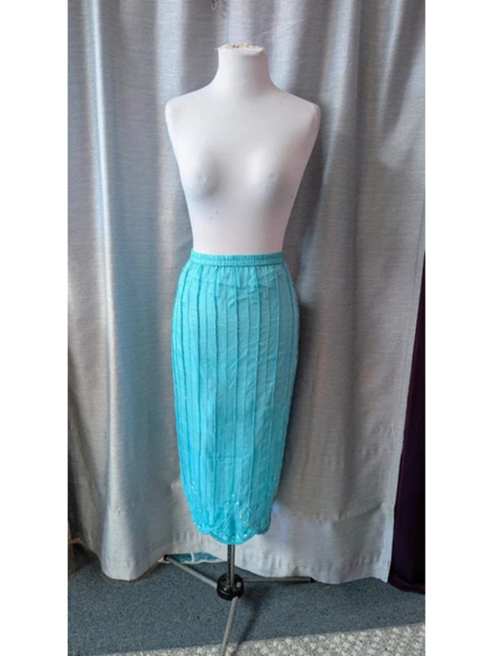 Vintage 80s Turquoise Silk Beaded Formal Skirt XL
